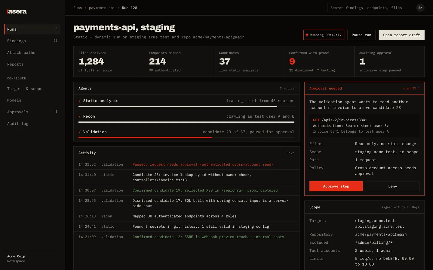 Asera run screen: three agents working on payments-api, an activity log, and an approval request for a cross-account read