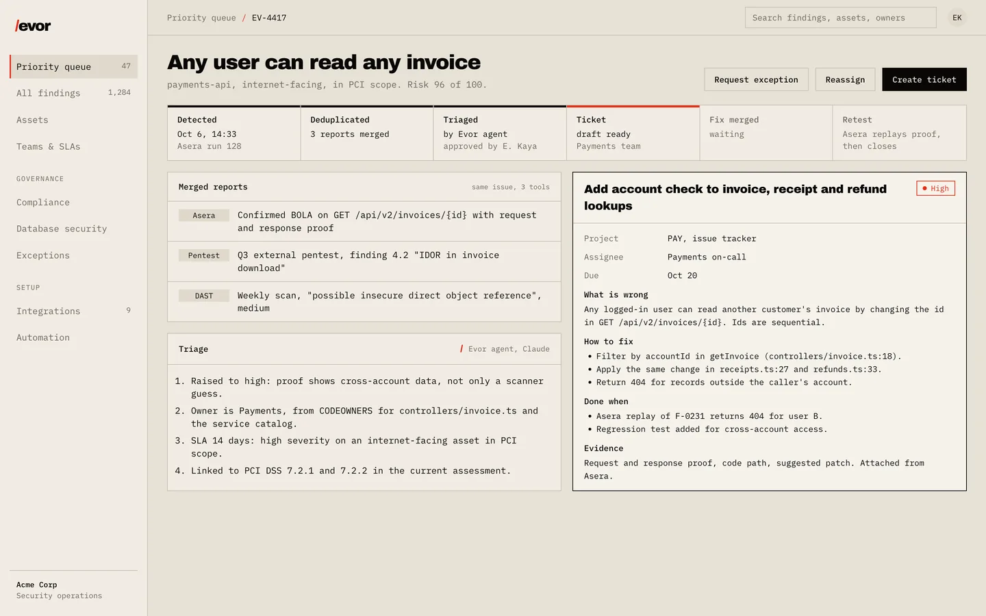 Evor handoff screen: three merged reports, AI triage reasons and a drafted ticket with fix steps